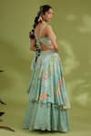 Shop_Show Shaa_Green Lehenga And Blouse Satin Hand Embroidered Flower V-neck Print Tiered Set _at_Aza_Fashions