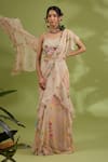 Buy_Show Shaa_Pink Blouse And Belt Satin Hand Flower Print Ruffle Pre-draped Saree & Set _at_Aza_Fashions