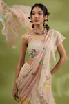 Shop_Show Shaa_Pink Blouse And Belt Satin Hand Flower Print Ruffle Pre-draped Saree & Set _Online_at_Aza_Fashions