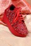 Buy_AROUND ALWAYS_Red Embroidered Moonflower Bead Sneaker Wedges _at_Aza_Fashions