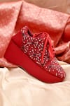 AROUND ALWAYS_Red Embroidered Moonflower Bead Sneaker Wedges _Online_at_Aza_Fashions