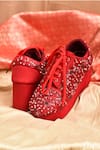 Buy_AROUND ALWAYS_Red Embroidered Moonflower Bead Sneaker Wedges _Online_at_Aza_Fashions