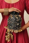 Moirra_Black Metal Coin Zara Embroidered Potli _Online_at_Aza_Fashions