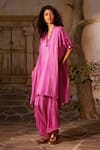 Shop_Basil Leaf_Pink Linen Print Floral V-neck Sequin Embroidered Kurta With Pant _at_Aza_Fashions