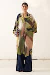 Buy_OFRIDA_Multi Color Cotton Moss Crepe Printed Abstract Lapel Trench Coat And Pant Set _at_Aza_Fashions