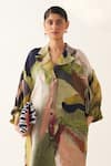 Shop_OFRIDA_Multi Color Cotton Moss Crepe Printed Abstract Lapel Trench Coat And Pant Set _Online_at_Aza_Fashions