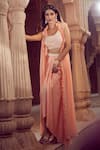 Aariyana Couture_Peach Bustier Dupion Hand Embroidered Bustier Scoop Jacket And Draped Skirt Set _at_Aza_Fashions