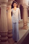 Aariyana Couture_Sky Blue Jacket Silk Organza Embroidered Chevrons Leaf And Floral Sharara Set _at_Aza_Fashions