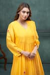 Buy_Hirika&Dhruti_Yellow Kurta And Pant Cotton Silk Hand Embroidered 3d Flower V-neck A-line Set _Online_at_Aza_Fashions