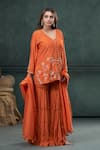 Buy_Hirika&Dhruti_Orange Kurta And Sharara Monga Silk Embroidered Thread V Neck Floral Short Set _at_Aza_Fashions