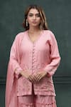 Buy_Hirika&Dhruti_Pink Kurta And Sharara Monga Silk Embroidered Thread V Neck Floral Short Set _Online_at_Aza_Fashions