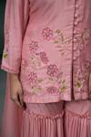 Shop_Hirika&Dhruti_Pink Kurta And Sharara Monga Silk Embroidered Thread V Neck Floral Short Set _Online_at_Aza_Fashions