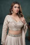 Hirika&Dhruti_Beige Blouse And Lehenga Chiniya Silk Embroidered Mirror V Neck Set _Online_at_Aza_Fashions