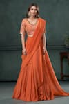 Shop_Hirika&Dhruti_Orange Ghagra And Blouse Cotton Silk Embroidered Tikki Pre-draped Saree Set _at_Aza_Fashions