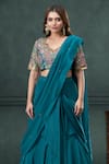 Hirika&Dhruti_Green Ghagra And Blouse Cotton Silk Embroidered Thread Pre-draped Saree Set _at_Aza_Fashions