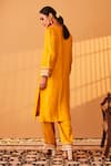 Shop_Bo tree_Yellow Satin Raw Silk Embroidery Thread Parizaad Placket Kurta And Pant Set _at_Aza_Fashions