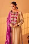 Buy_Bo tree_Beige Satin Raw Silk Embroidery Zardozi Round Gul E Rana Kurta Set _Online_at_Aza_Fashions