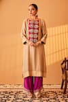 Shop_Bo tree_Beige Satin Raw Silk Embroidery Zardozi Round Gul E Rana Kurta Set _Online_at_Aza_Fashions