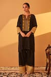 Buy_Bo tree_Black Satin Raw Silk Embroidery Zari Zehar Stripe Kurta And Flared Pant Set _at_Aza_Fashions