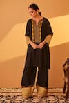 Bo tree_Black Satin Raw Silk Embroidery Zari Zehar Stripe Kurta And Flared Pant Set _Online_at_Aza_Fashions