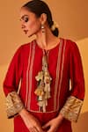 Buy_Bo tree_Red Satin Raw Silk Embroidery Zardozi Round Roohaniyat Sleeve Kurta And Pant Set _Online_at_Aza_Fashions