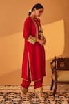 Shop_Bo tree_Red Satin Raw Silk Embroidery Zardozi Round Roohaniyat Sleeve Kurta And Pant Set 