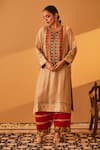 Bo tree_Beige Satin Raw Silk Embroidery Sequin Round Rayana Kurta Set _Online_at_Aza_Fashions