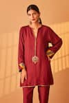 Bo tree_Maroon Abu Dai Silk Embroidery Zardozi Rukhsar Placement Kurta And Pant Set _Online_at_Aza_Fashions