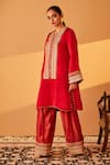 Shop_Bo tree_Red Satin Shimmer Organza Embroidery Gota Notched Raabta Placket Kurta Set 