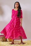 Buy_Gulaal_Pink Cotton Brocade Round Banarasi Flared Anarkali _at_Aza_Fashions