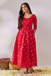 Buy_Gulaal_Red Cotton Brocade Round Banarasi Anarkali _at_Aza_Fashions