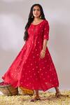 Shop_Gulaal_Red Cotton Brocade Round Banarasi Anarkali _at_Aza_Fashions