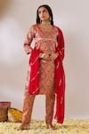 Shop_Gulaal_Red Cotton Brocade Georgette Round Floral Pattern Woven Kurta Pant Set _at_Aza_Fashions