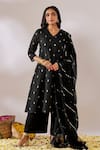 Buy_Gulaal_Black Cotton Brocade V Neck A-line Banarasi Kurta Palazzo Set _at_Aza_Fashions