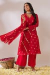 Buy_Gulaal_Red Cotton Brocade V Neck Banarasi A-line Kurta Palazzo Set _at_Aza_Fashions