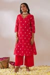 Buy_Gulaal_Red Cotton Brocade V Neck Banarasi A-line Kurta Palazzo Set _Online_at_Aza_Fashions