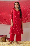 Shop_Gulaal_Red Cotton Brocade V Neck Banarasi A-line Kurta Palazzo Set _Online_at_Aza_Fashions