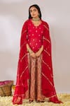 Buy_Gulaal_Red Cotton Brocade Scalloped V Banarasi Woven Flared Lehenga Set _at_Aza_Fashions