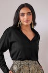 Shop_Gulaal_Black Cotton Satin V Neck Top And Flared Pant Set _Online_at_Aza_Fashions