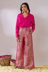 Buy_Gulaal_Pink Cotton Satin V Neck Long Sleeve Top And Pant Set _at_Aza_Fashions