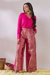 Shop_Gulaal_Pink Cotton Satin V Neck Long Sleeve Top And Pant Set _at_Aza_Fashions