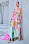 Myaara_Blue Kurta Tissue Zari Embellished Floral Asymmetric Print Draped Pant Set _Online_at_Aza_Fashions