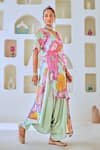 Buy_Myaara_Blue Kurta Tissue Zari Embellished Floral Asymmetric Print Draped Pant Set 