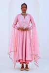 Buy_Myaara_Pink Blouse Tissue Embroidered Floral Notched Round Bead Yoke Anarkali Set _at_Aza_Fashions