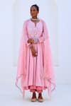 Buy_Myaara_Pink Blouse Tissue Embroidered Floral Notched Round Bead Yoke Anarkali Set _Online_at_Aza_Fashions