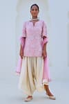 Buy_Myaara_Pink Kurta Tissue Embroidered Floral Notched Round Short Pant Set _at_Aza_Fashions