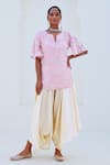 Myaara_Pink Kurta Tissue Embroidered Floral Notched Round Short Pant Set _Online_at_Aza_Fashions