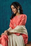 Shop_Mushio_Peach Kurta Chanderi Embroidery Floral Round Urvi A-line And Pant Set _at_Aza_Fashions