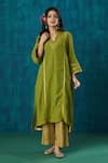 Buy_Mushio_Green Kurta Crinkle Tissue Embroidery Lace Jivika Zari High Low And Pant Set _Online_at_Aza_Fashions