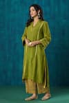 Shop_Mushio_Green Kurta Crinkle Tissue Embroidery Lace Jivika Zari High Low And Pant Set _Online_at_Aza_Fashions